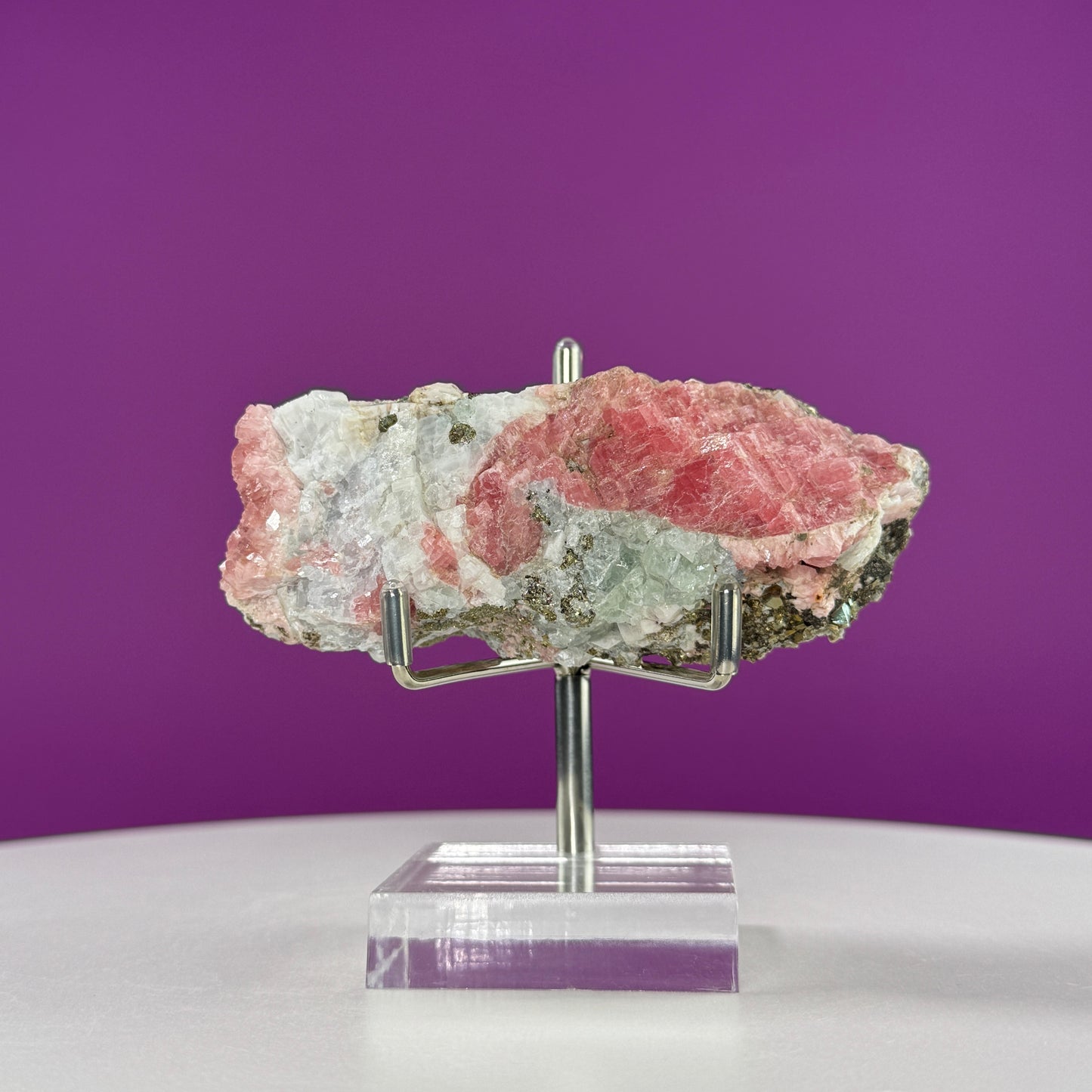 Rhodochrosite Specimen with Pyrite (Wutong Mine, Guangxi, China) (Includes Metal/Acrylic Stand)