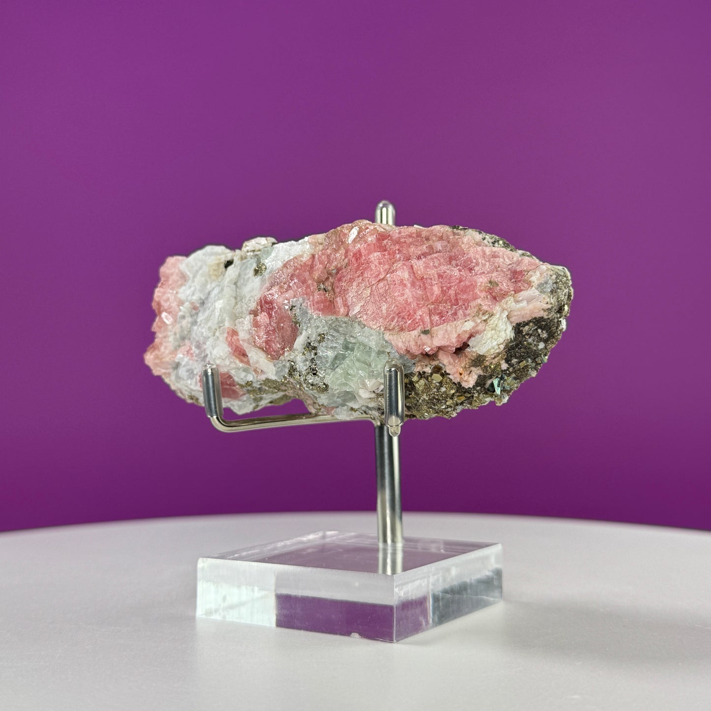 Rhodochrosite Specimen with Pyrite (Wutong Mine, Guangxi, China) (Includes Metal/Acrylic Stand)