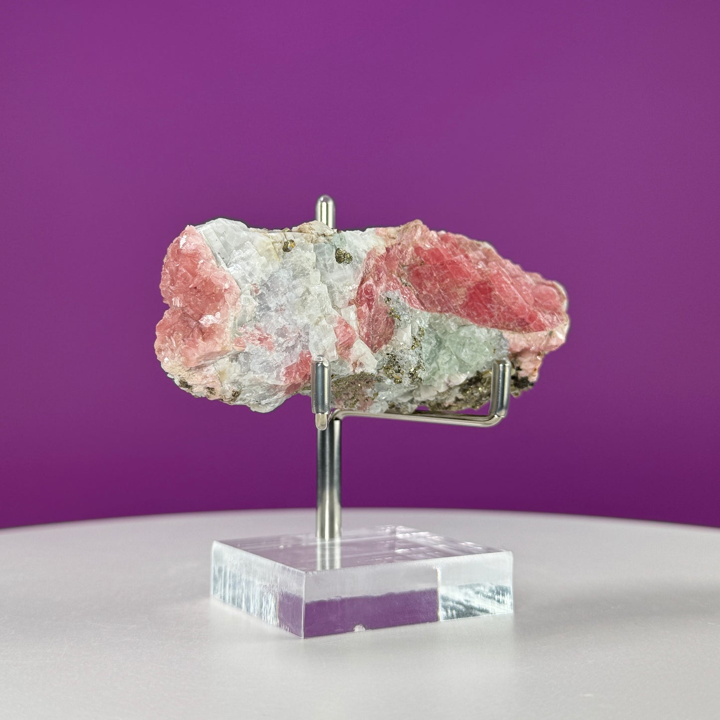 Rhodochrosite Specimen with Pyrite (Wutong Mine, Guangxi, China) (Includes Metal/Acrylic Stand)