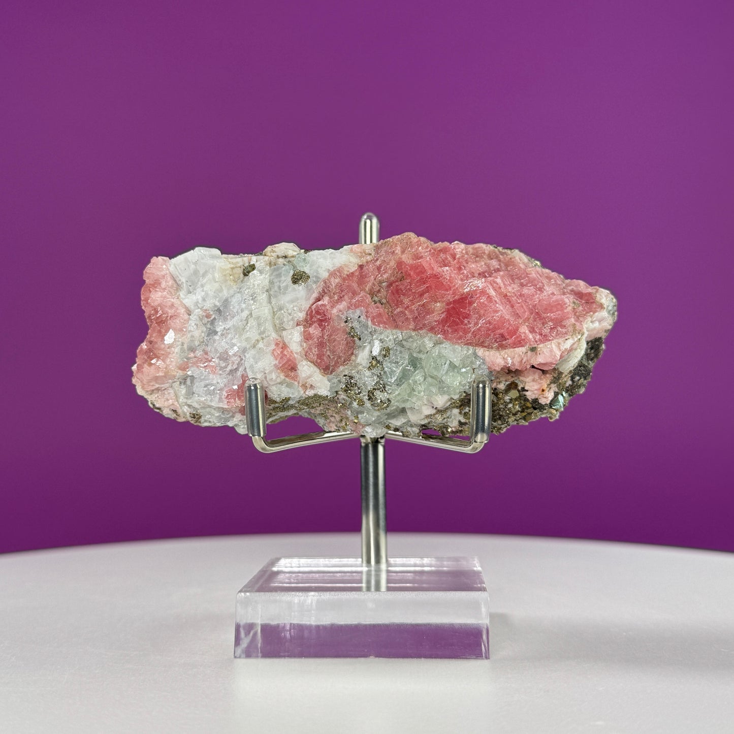 Rhodochrosite Specimen with Pyrite (Wutong Mine, Guangxi, China) (Includes Metal/Acrylic Stand)
