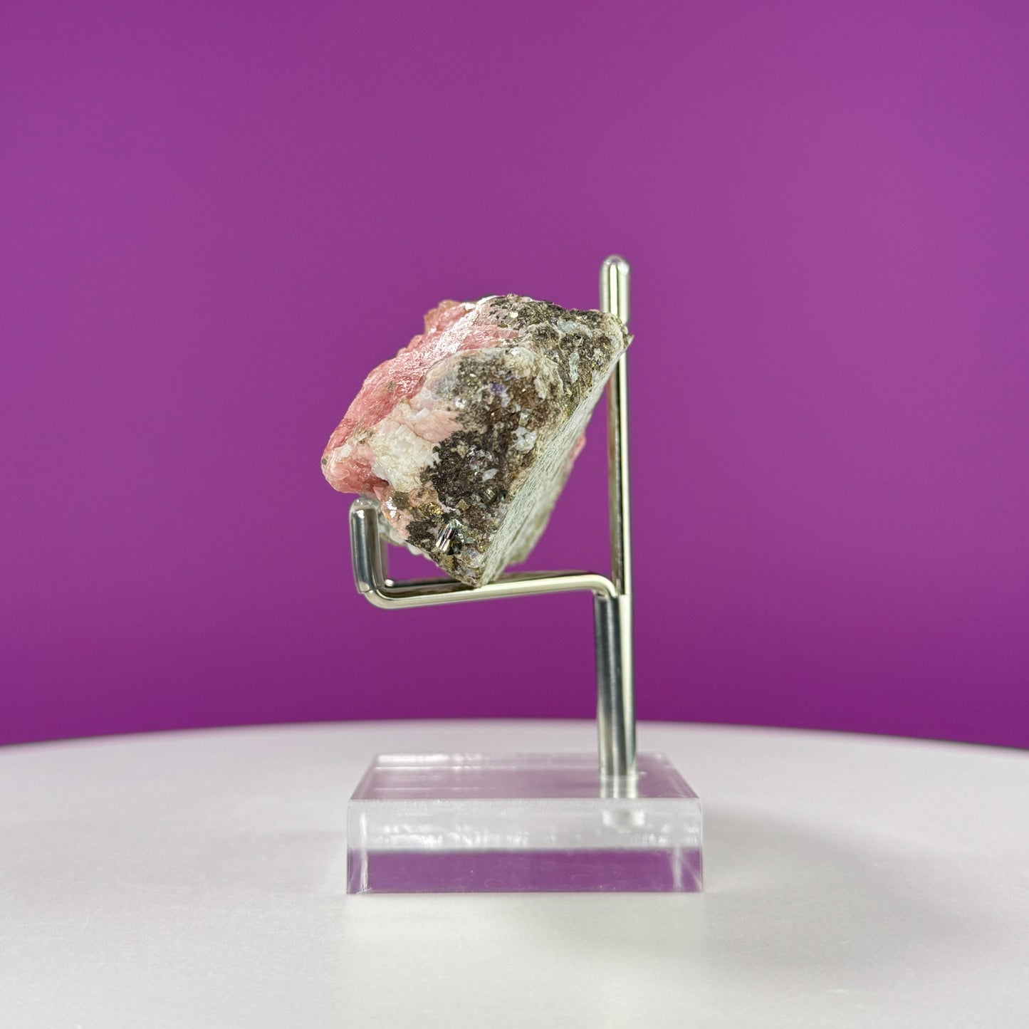 Rhodochrosite Specimen with Pyrite (Wutong Mine, Guangxi, China) (Includes Metal/Acrylic Stand)