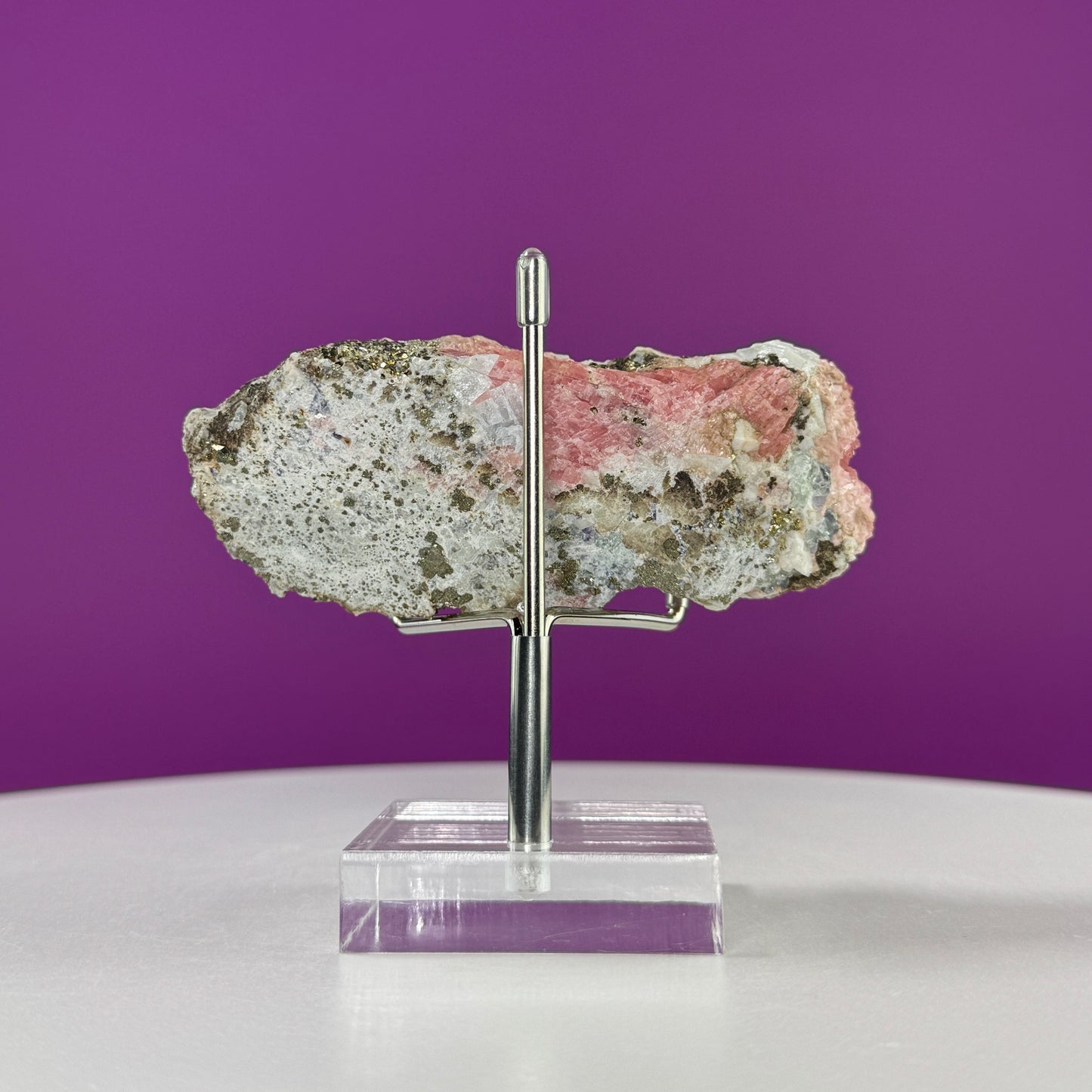 Rhodochrosite Specimen with Pyrite (Wutong Mine, Guangxi, China) (Includes Metal/Acrylic Stand)