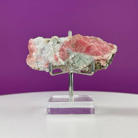 Rhodochrosite Specimen with Pyrite (Wutong Mine, Guangxi, China) (Includes Metal/Acrylic Stand)