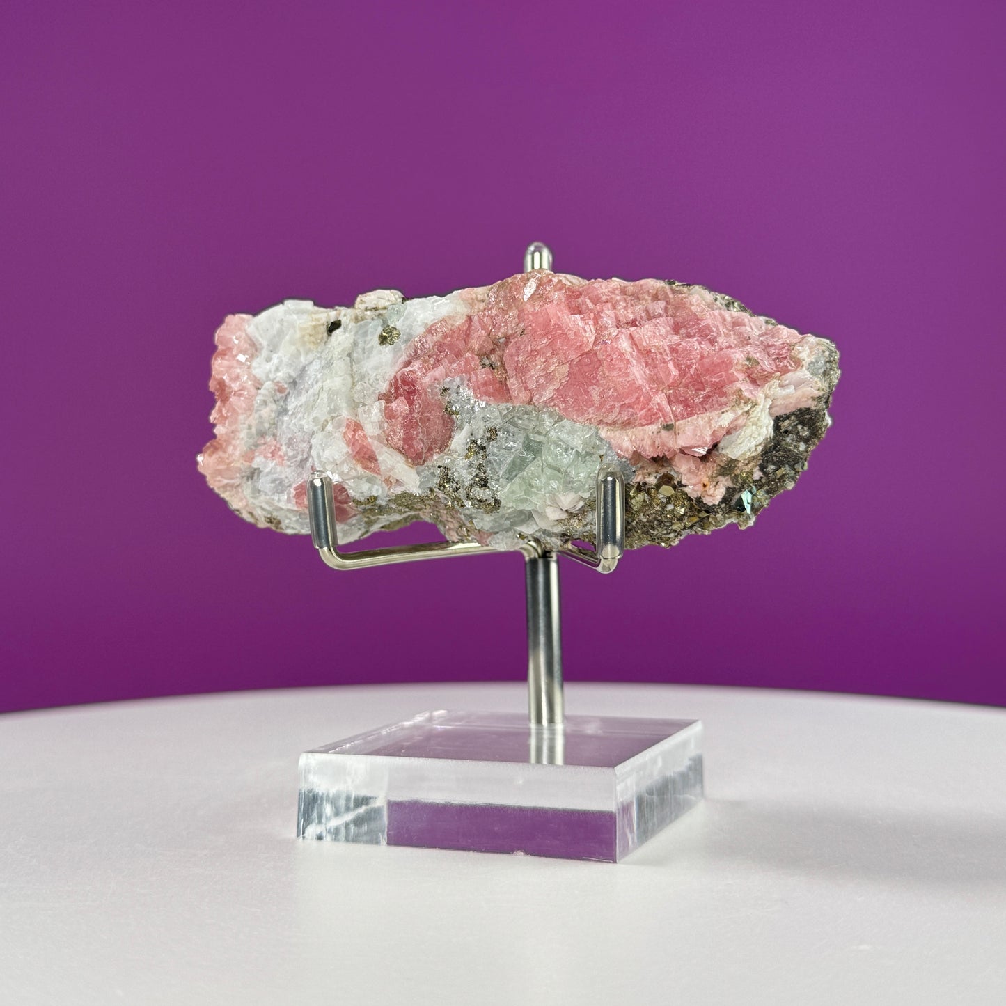 Rhodochrosite Specimen with Pyrite (Wutong Mine, Guangxi, China) (Includes Metal/Acrylic Stand)
