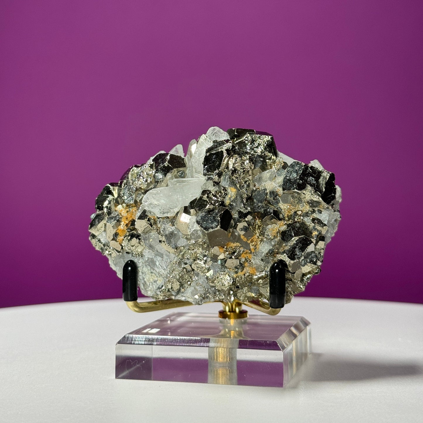 Chalcopyrite on Quartz Specimen (China) (Includes Metal/Acrylic Stand)