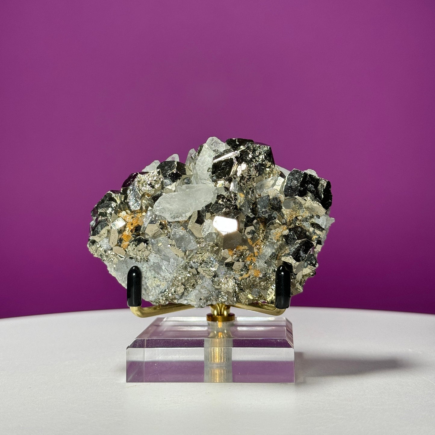 Chalcopyrite on Quartz Specimen (China) (Includes Metal/Acrylic Stand)