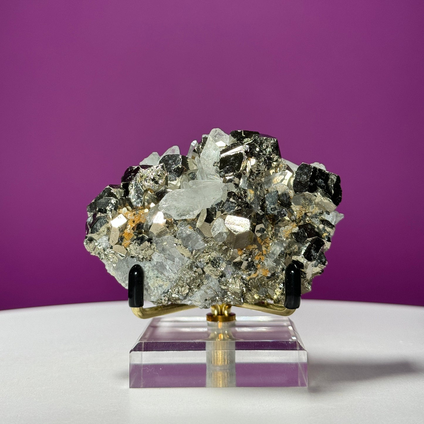 Chalcopyrite on Quartz Specimen (China) (Includes Metal/Acrylic Stand)