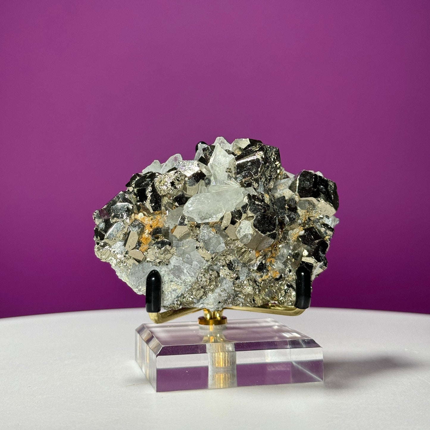 Chalcopyrite on Quartz Specimen (China) (Includes Metal/Acrylic Stand)
