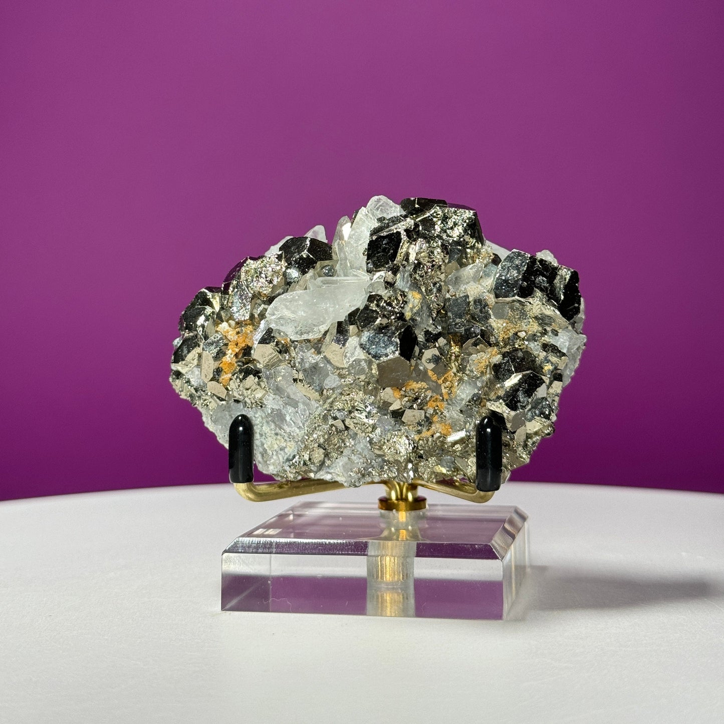 Chalcopyrite on Quartz Specimen (China) (Includes Metal/Acrylic Stand)
