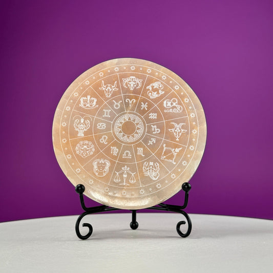 Peach Satin Spar (AKA Selenite) Charging Plate with Etched Zodiac (Includes Black Metal Stand)