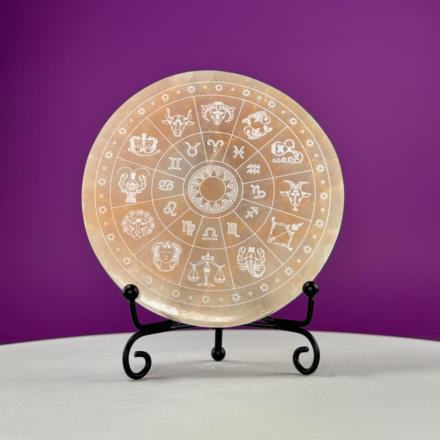 Peach Satin Spar (AKA Selenite) Charging Plate with Etched Zodiac (Includes Black Metal Stand)