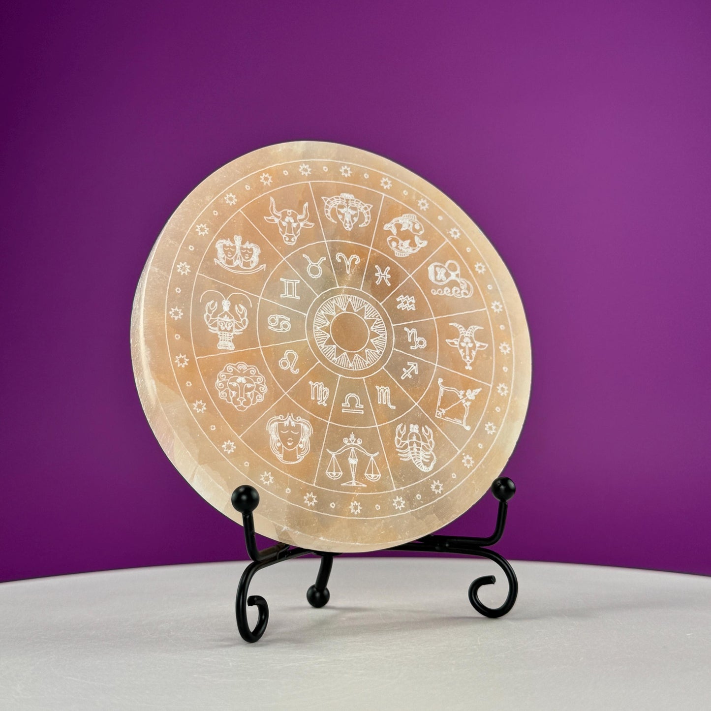 Peach Satin Spar (AKA Selenite) Charging Plate with Etched Zodiac (Includes Black Metal Stand)