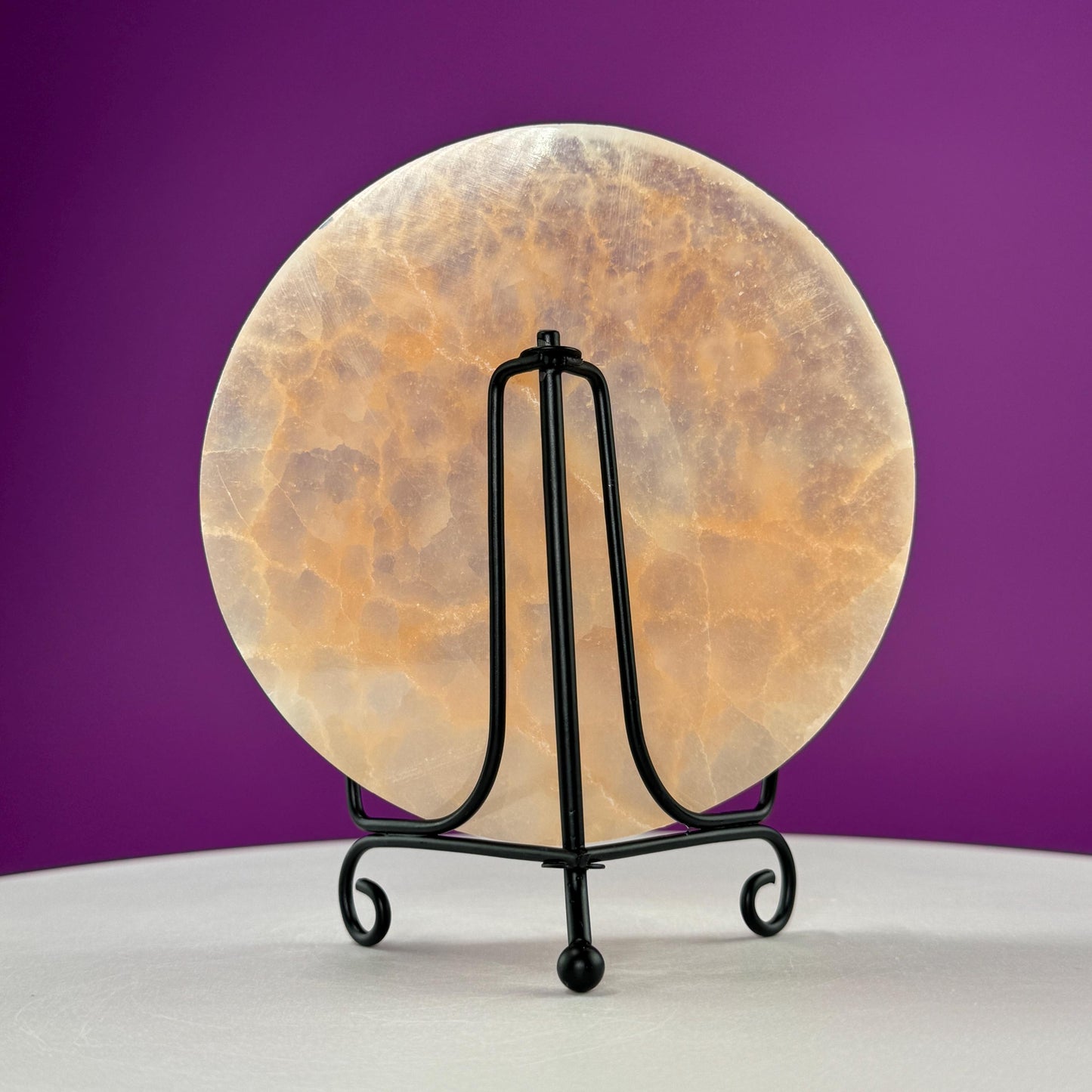 Peach Satin Spar (AKA Selenite) Charging Plate with Etched Zodiac (Includes Black Metal Stand)