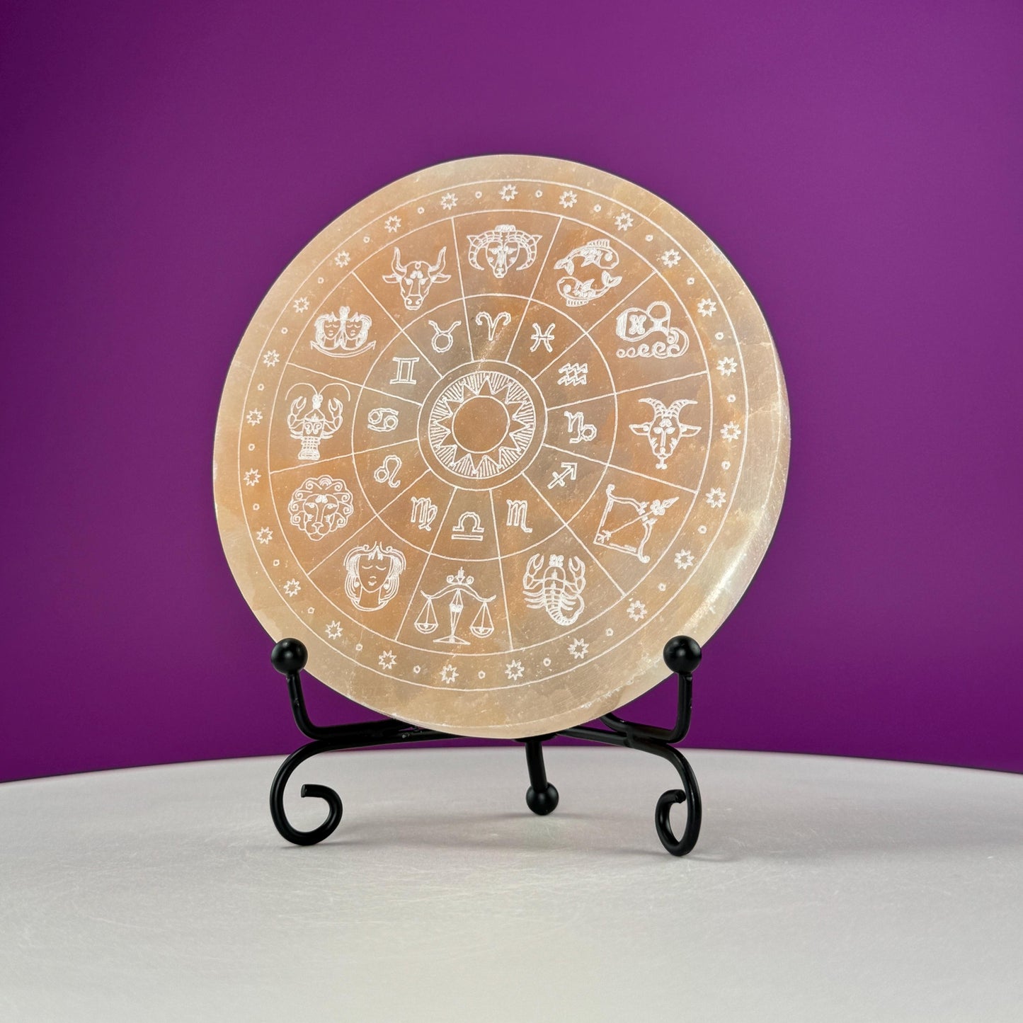Peach Satin Spar (AKA Selenite) Charging Plate with Etched Zodiac (Includes Black Metal Stand)