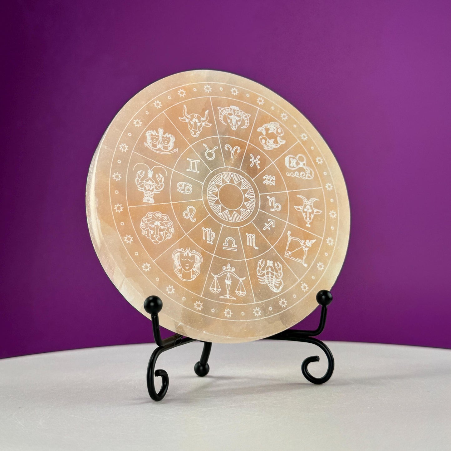 Peach Satin Spar (AKA Selenite) Charging Plate with Etched Zodiac (Includes Black Metal Stand)