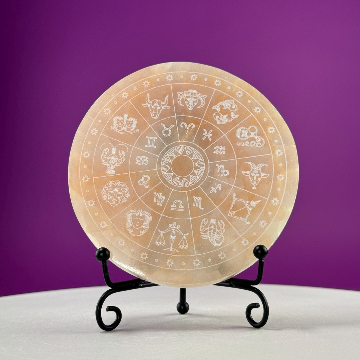 Peach Satin Spar (AKA Selenite) Charging Plate with Etched Zodiac (Includes Black Metal Stand)