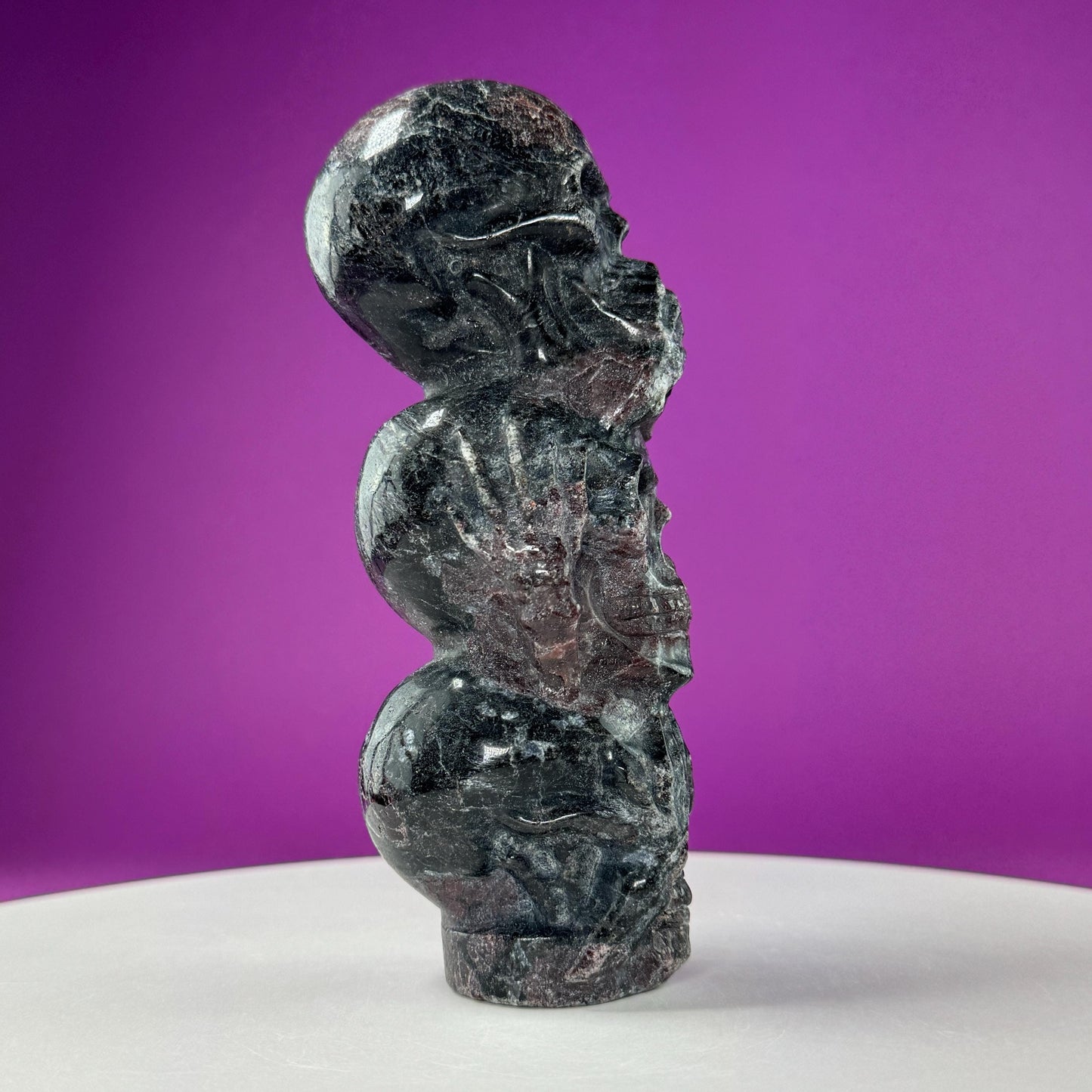 Garnet in Tourmaline Skull Stack, Hear No Evil