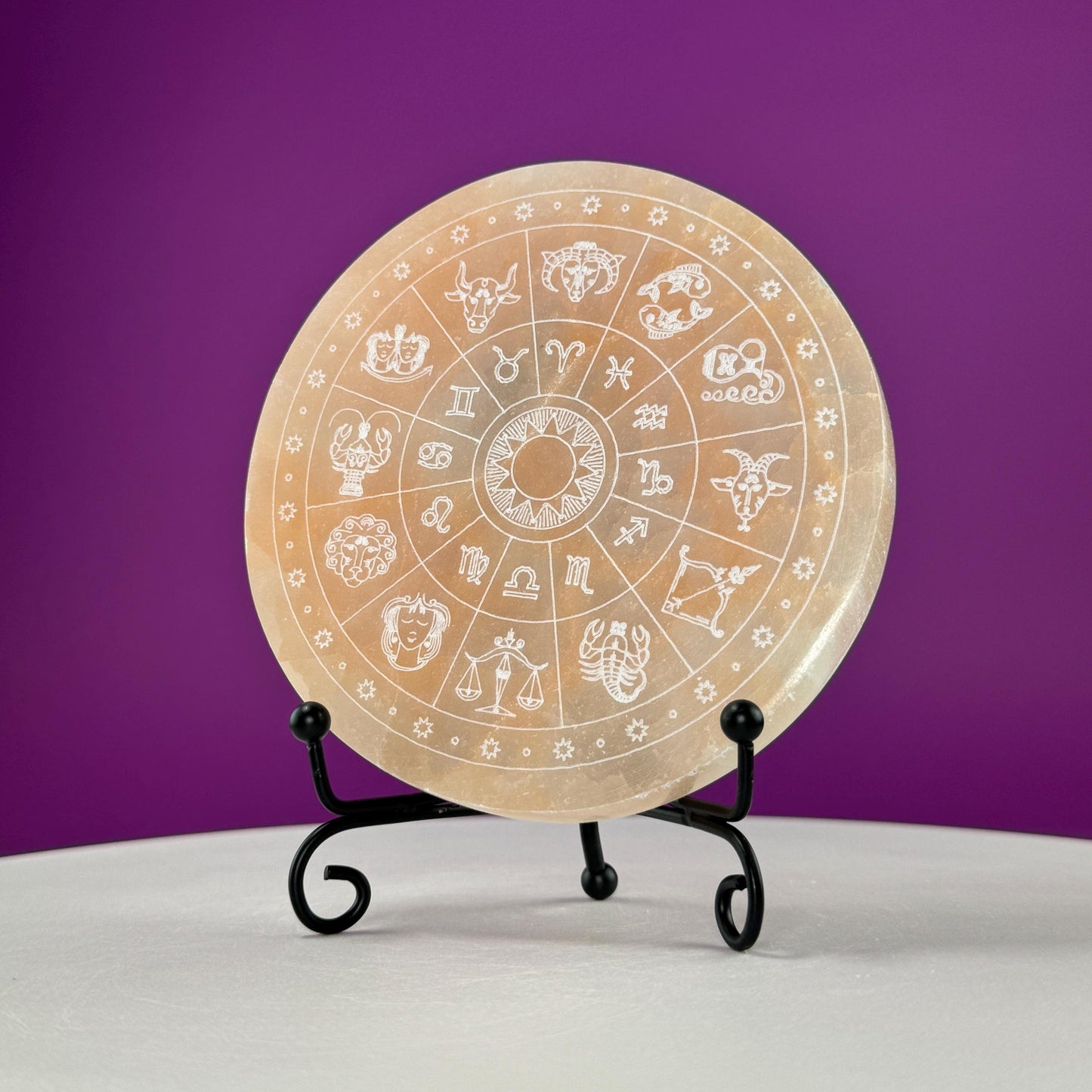 Peach Satin Spar (AKA Selenite) Charging Plate with Etched Zodiac (Includes Black Metal Stand)