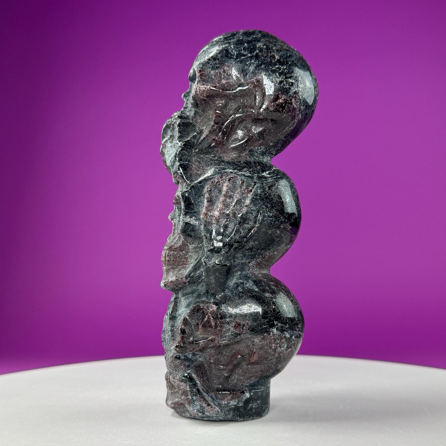 Garnet in Tourmaline Skull Stack, Hear No Evil