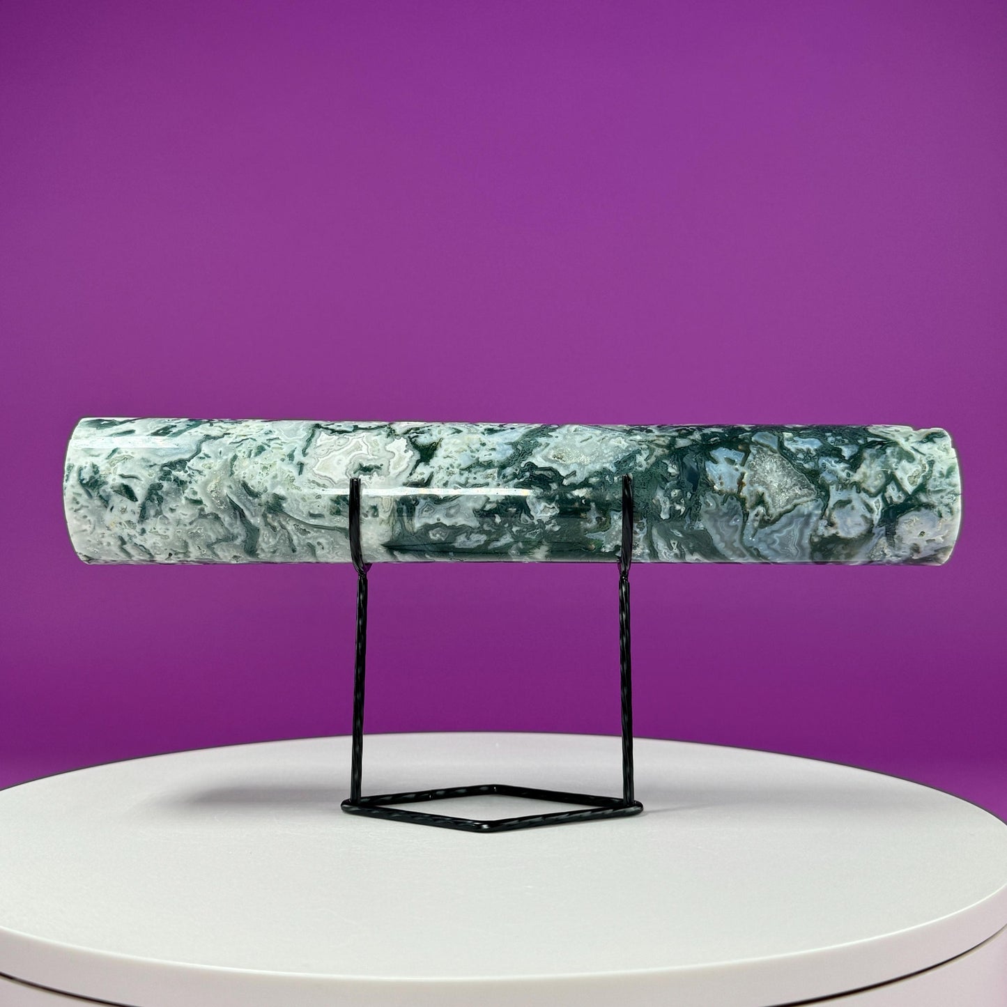 Moss Agate Harmonizer (Includes Black Metal Stand)