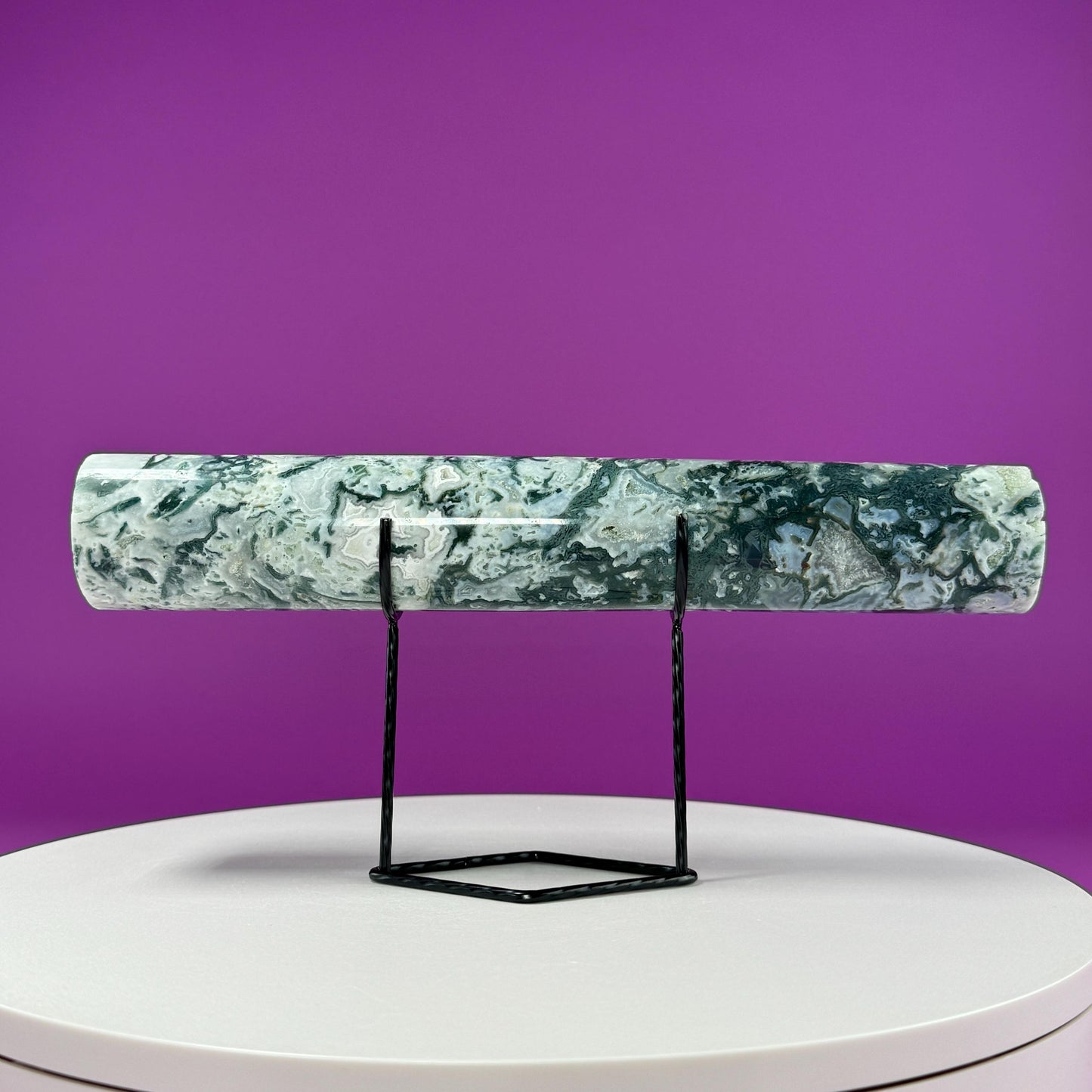 Moss Agate Harmonizer (Includes Black Metal Stand)