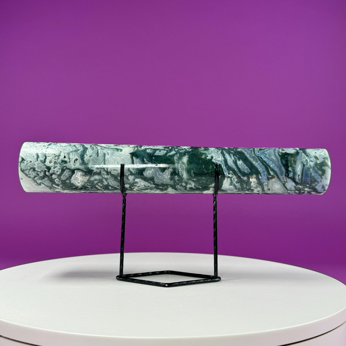 Moss Agate Harmonizer (Includes Black Metal Stand)