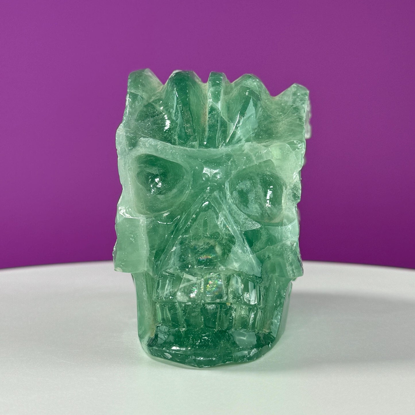 Green Fluorite Skull, Large Skull with Rainbows (UV Reactive)