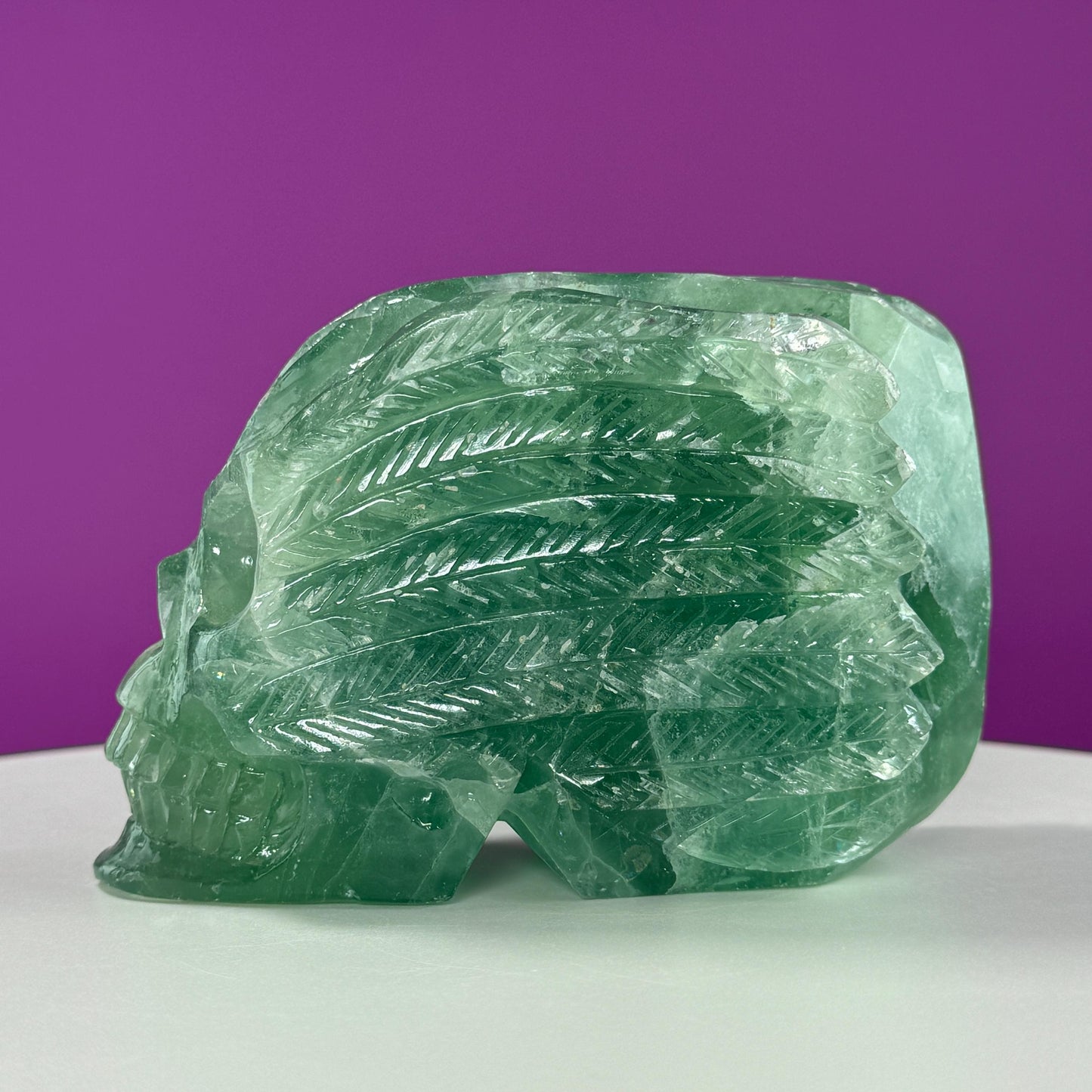 Green Fluorite Skull, Large Skull with Rainbows (UV Reactive)
