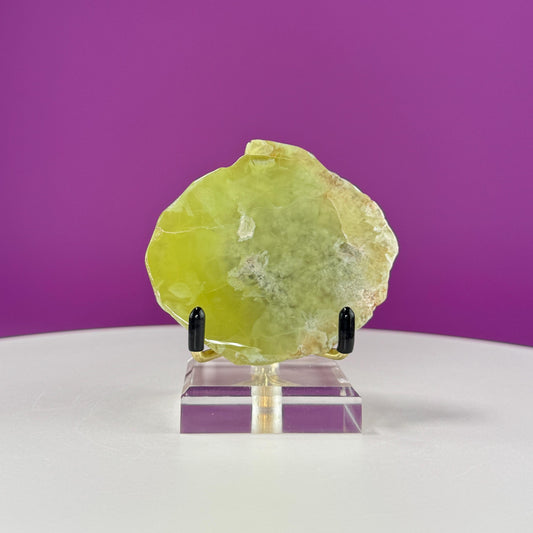 Prehnite with Natrolite Inclusions Slice (Australia), Rare Prehnite, High Quality, (Includes Stand)