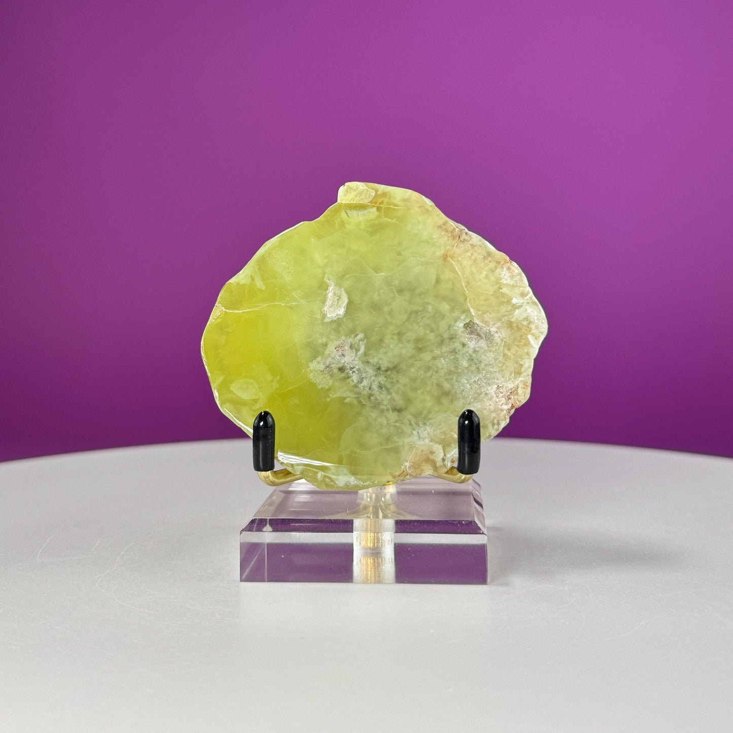 Prehnite with Natrolite Inclusions Slice (Australia), Rare Prehnite, High Quality, (Includes Stand)