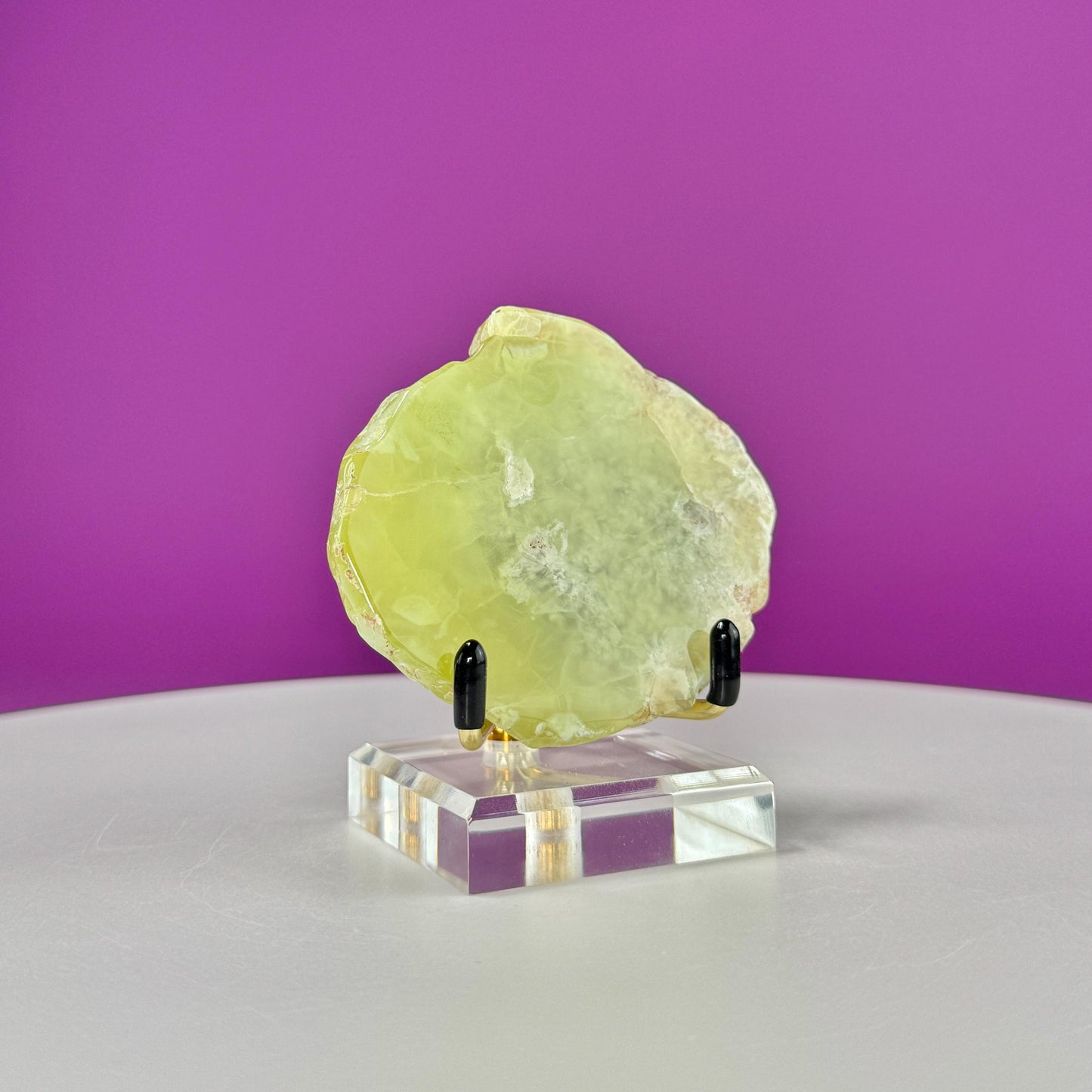 Prehnite with Natrolite Inclusions Slice (Australia), Rare Prehnite, High Quality, (Includes Stand)