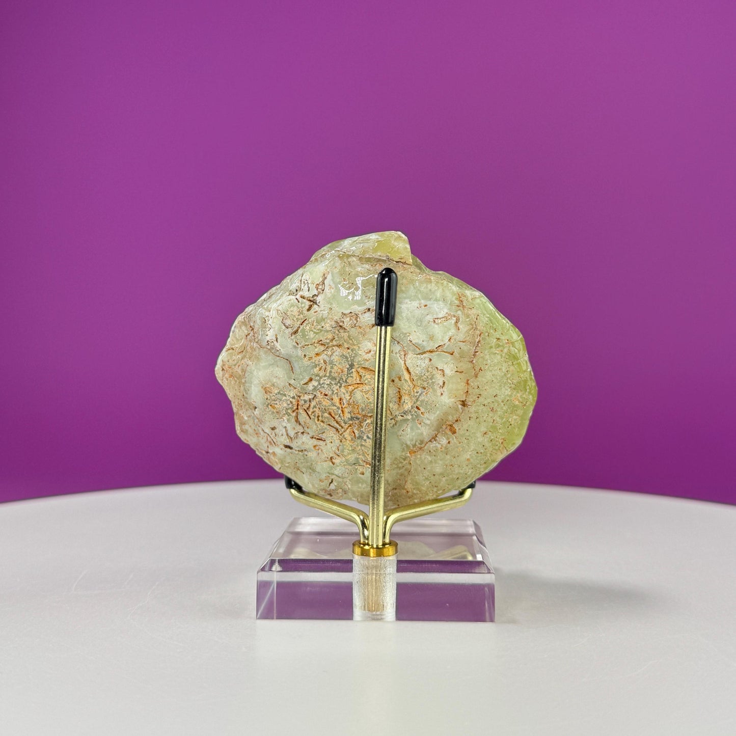 Prehnite with Natrolite Inclusions Slice (Australia), Rare Prehnite, High Quality, (Includes Stand)