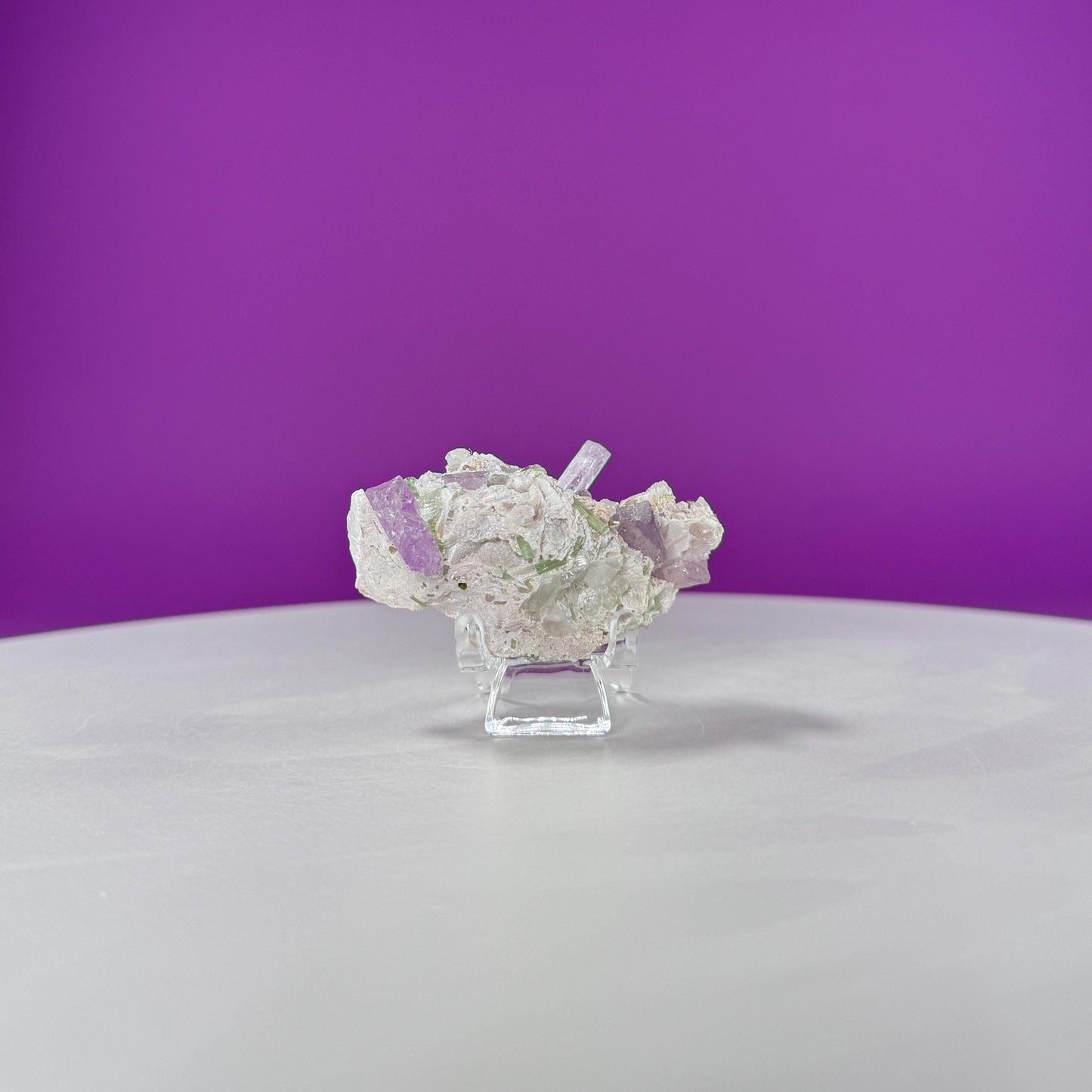 Kunzite with Green Tourmaline in Quartz Specimen (Includes Acrylic Stand)