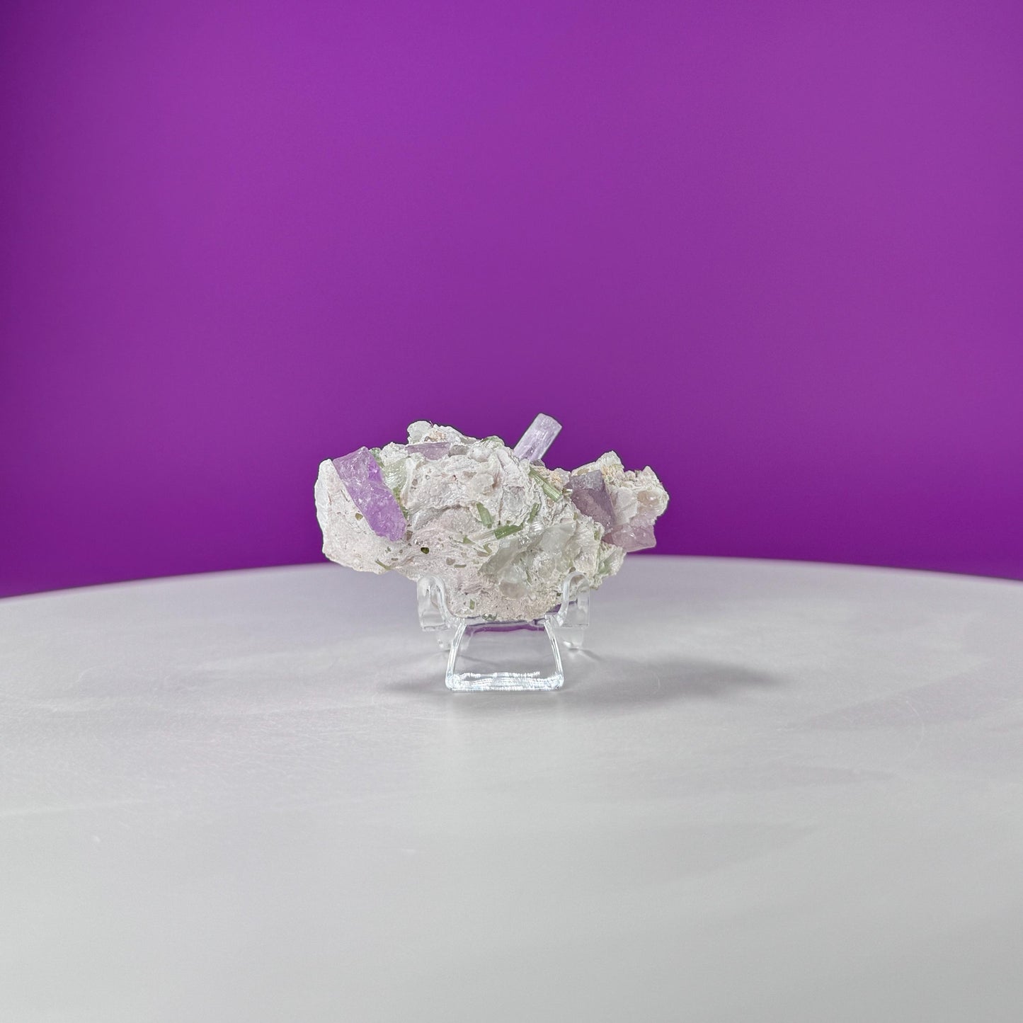 Kunzite with Green Tourmaline in Quartz Specimen (Includes Acrylic Stand)