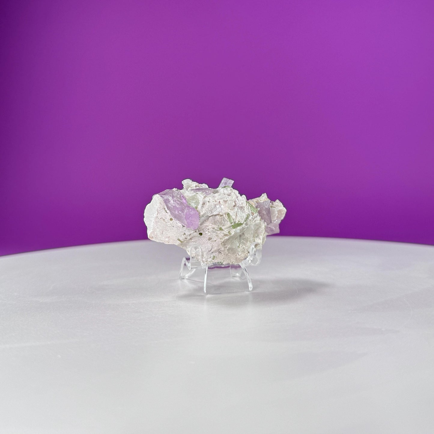 Kunzite with Green Tourmaline in Quartz Specimen (Includes Acrylic Stand)