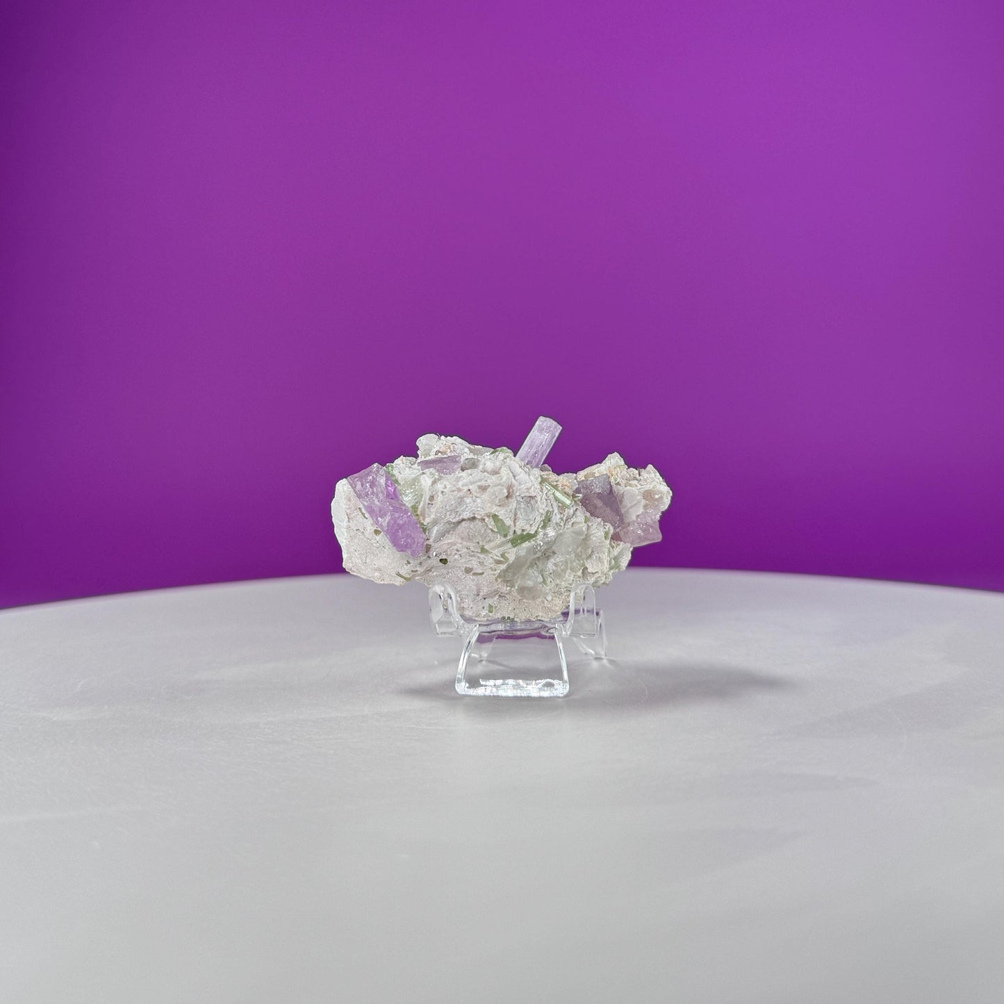 Kunzite with Green Tourmaline in Quartz Specimen (Includes Acrylic Stand)