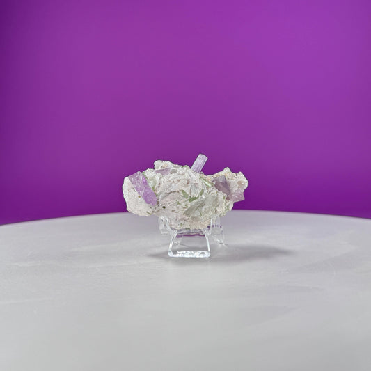 Kunzite with Green Tourmaline in Quartz Specimen (Includes Acrylic Stand)