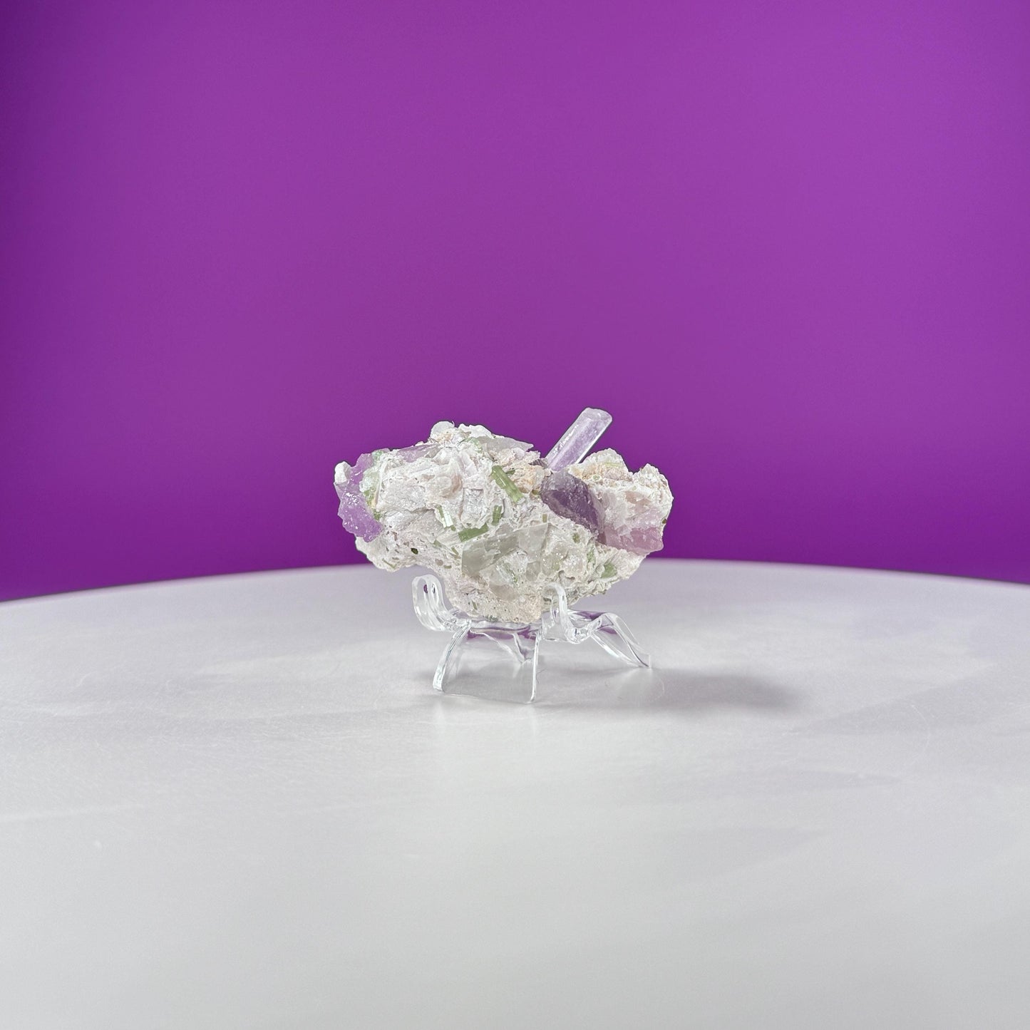 Kunzite with Green Tourmaline in Quartz Specimen (Includes Acrylic Stand)