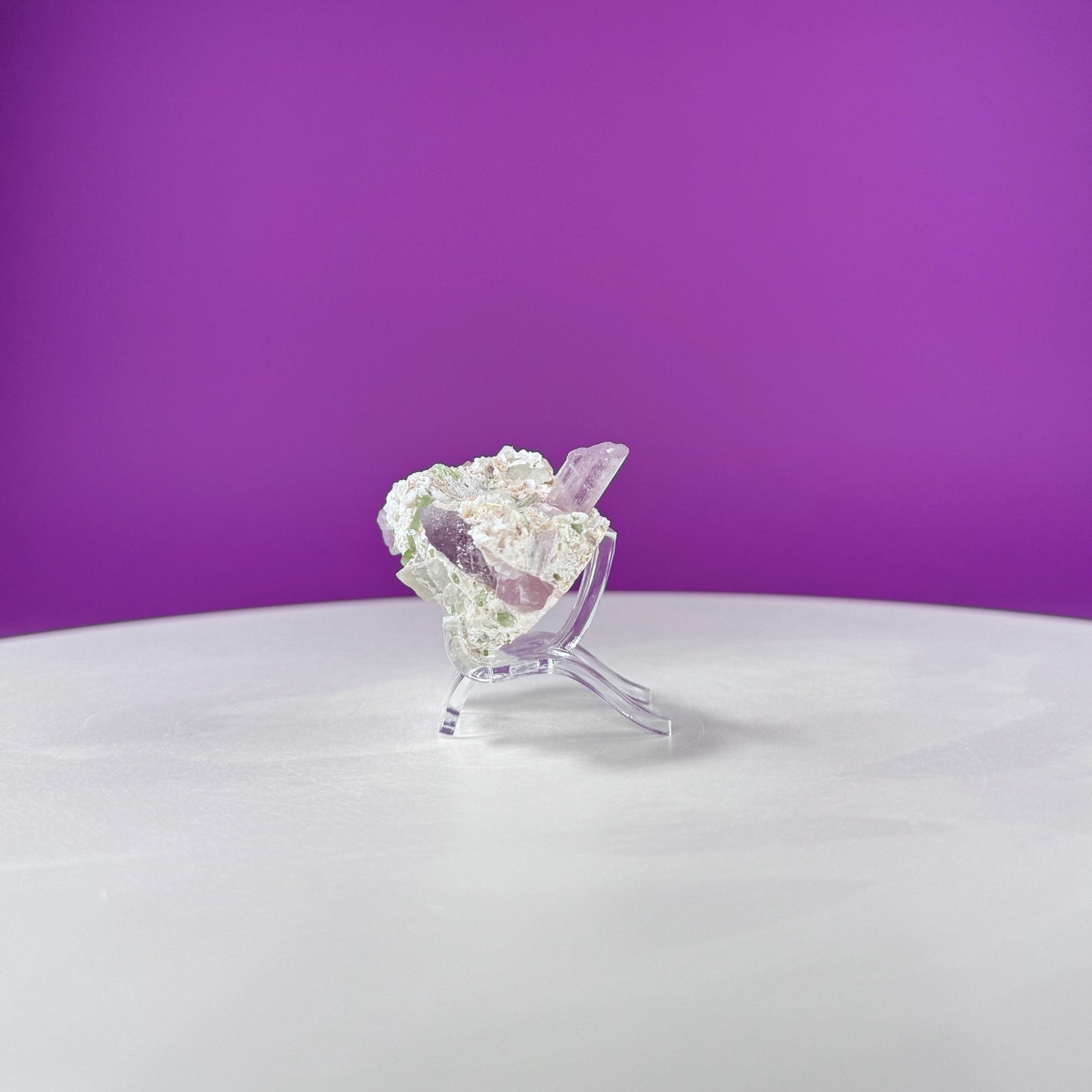 Kunzite with Green Tourmaline in Quartz Specimen (Includes Acrylic Stand)