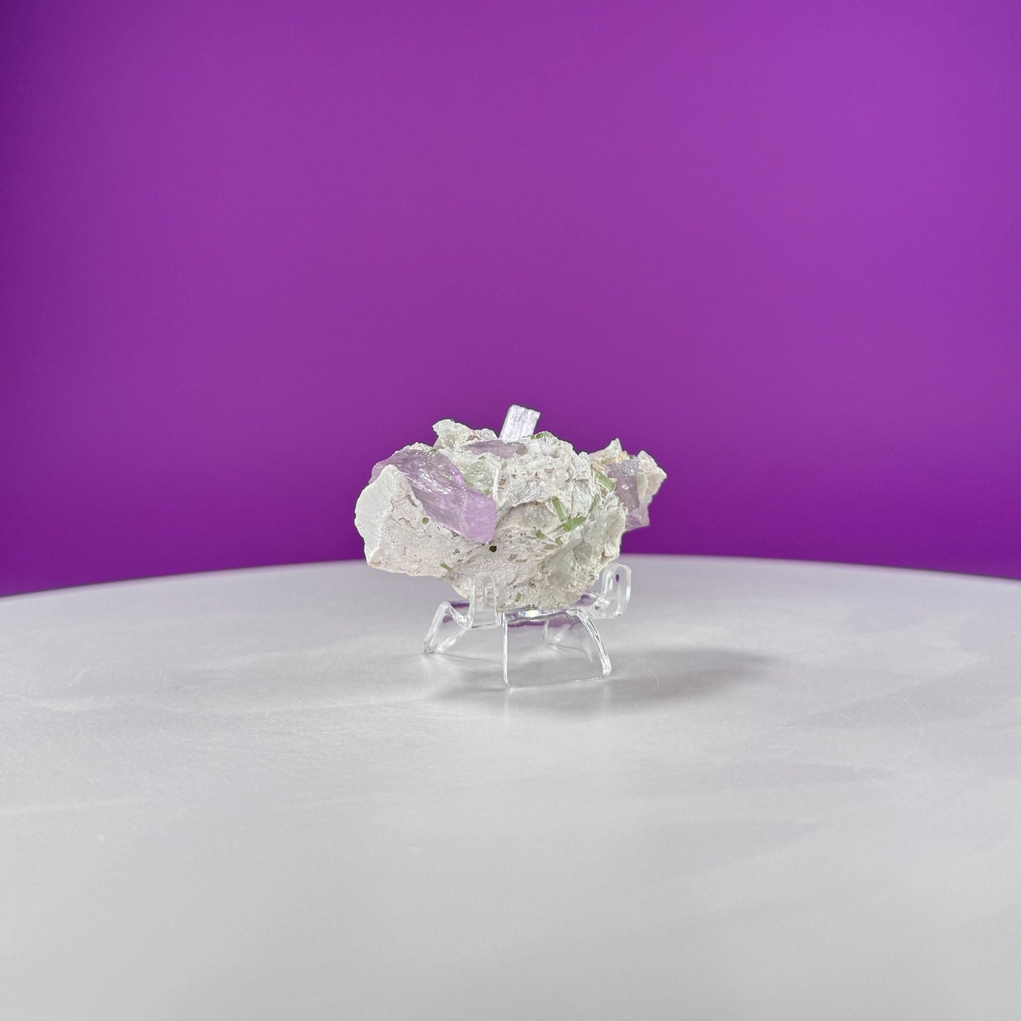 Kunzite with Green Tourmaline in Quartz Specimen (Includes Acrylic Stand)