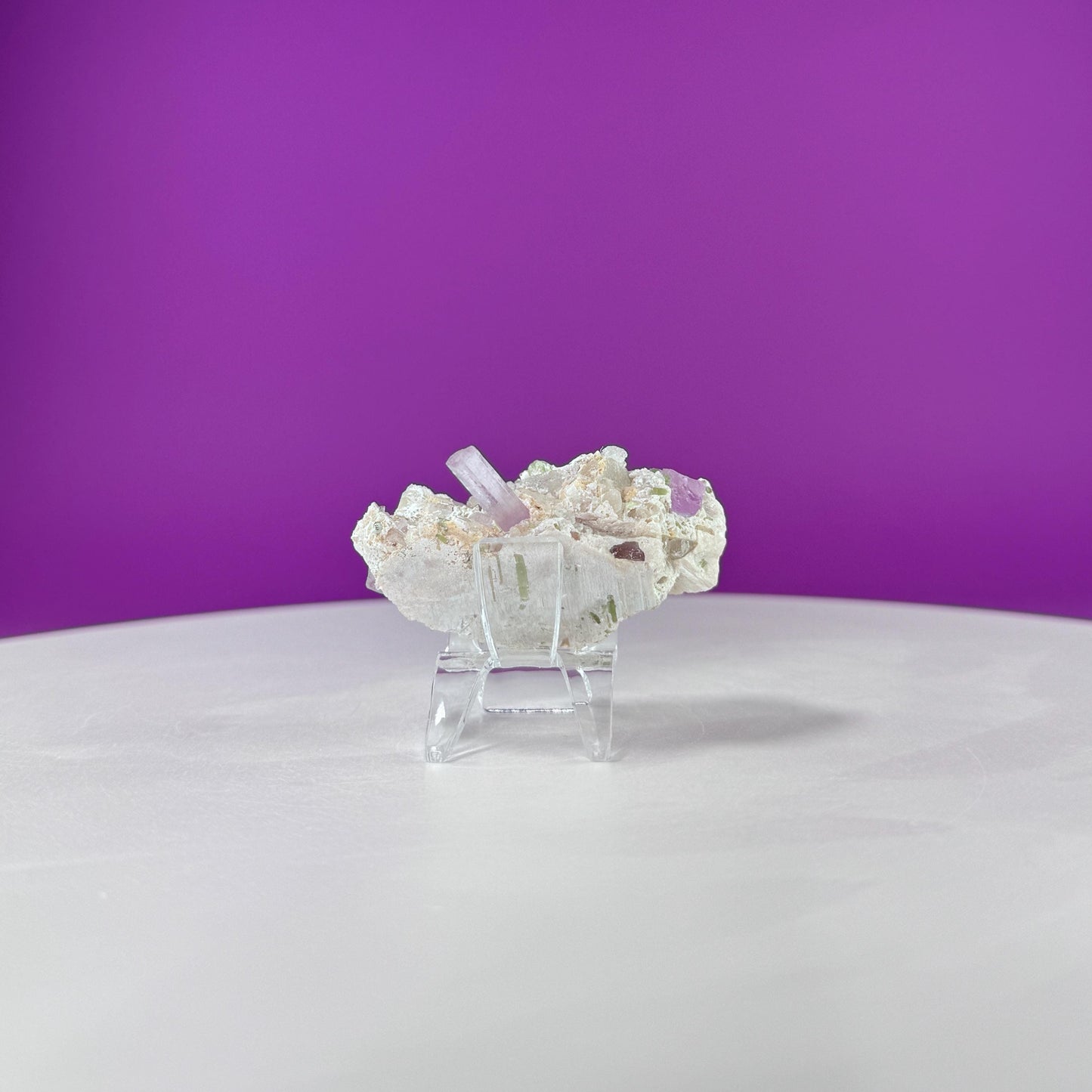 Kunzite with Green Tourmaline in Quartz Specimen (Includes Acrylic Stand)