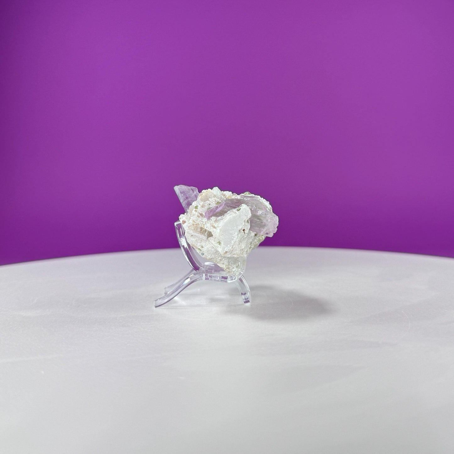 Kunzite with Green Tourmaline in Quartz Specimen (Includes Acrylic Stand)