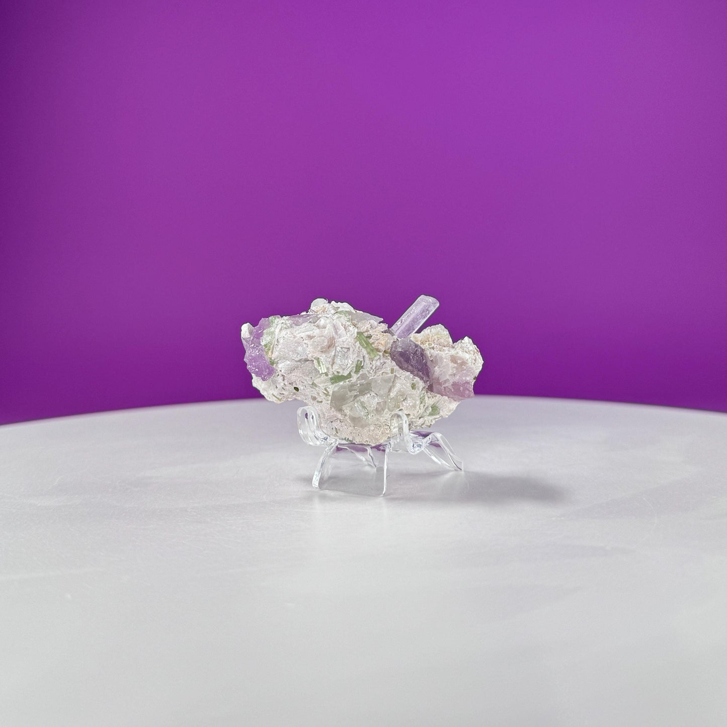 Kunzite with Green Tourmaline in Quartz Specimen (Includes Acrylic Stand)