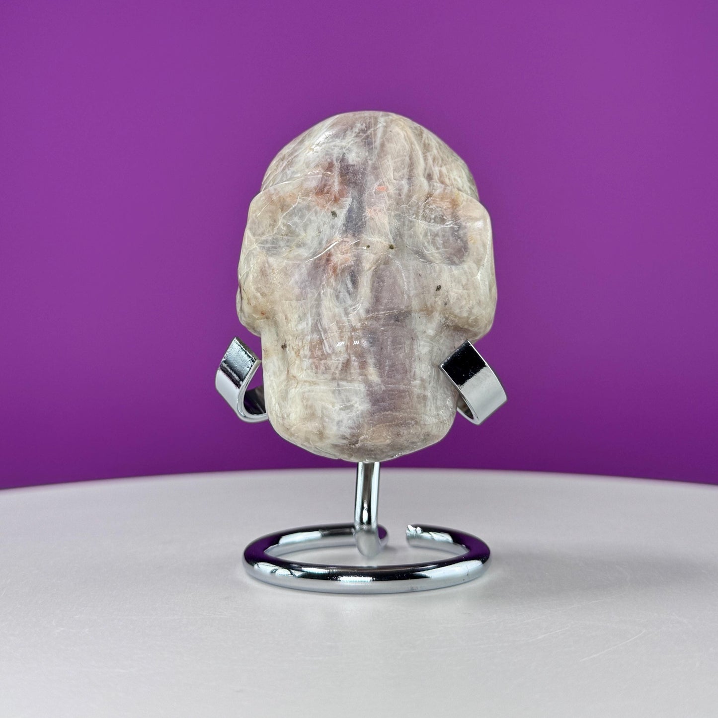 Moonstone Double Sided Skull Carving (Includes Silver Metal Stand)