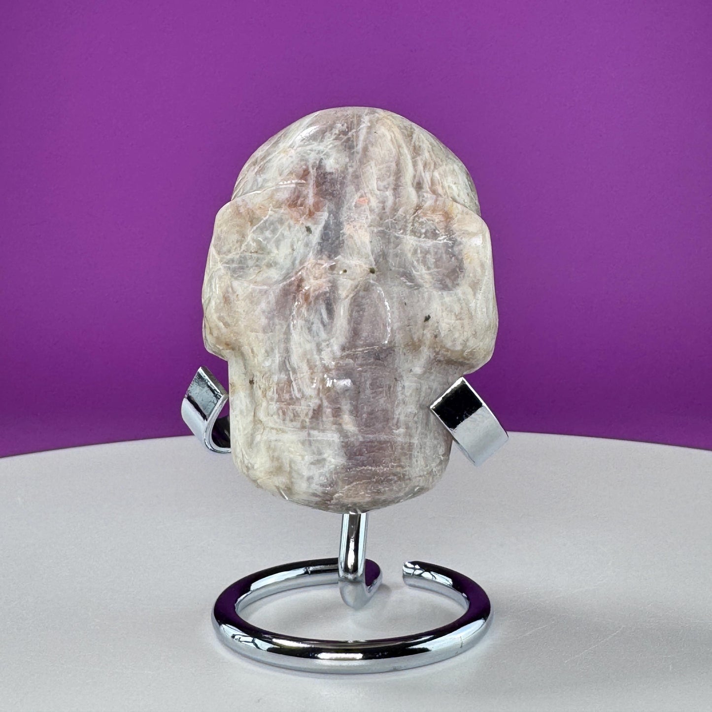 Moonstone Double Sided Skull Carving (Includes Silver Metal Stand)