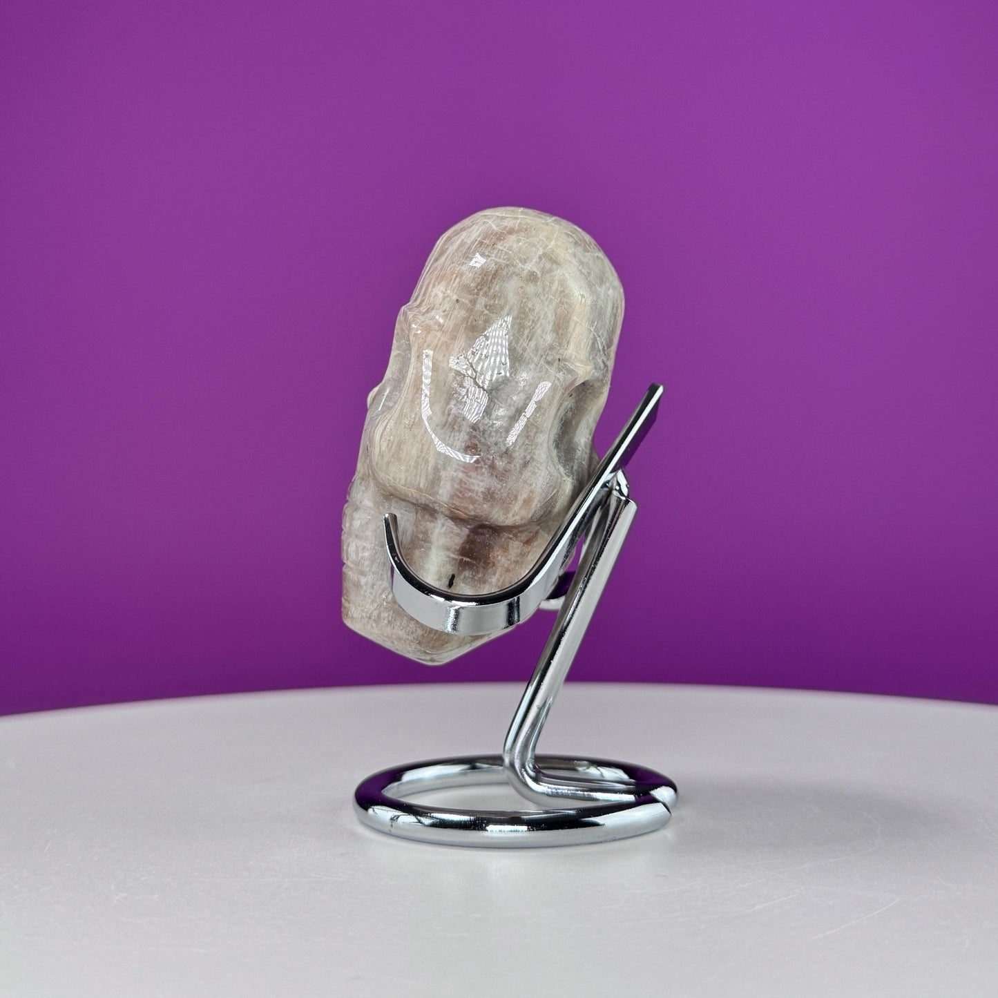 Moonstone Double Sided Skull Carving (Includes Silver Metal Stand)