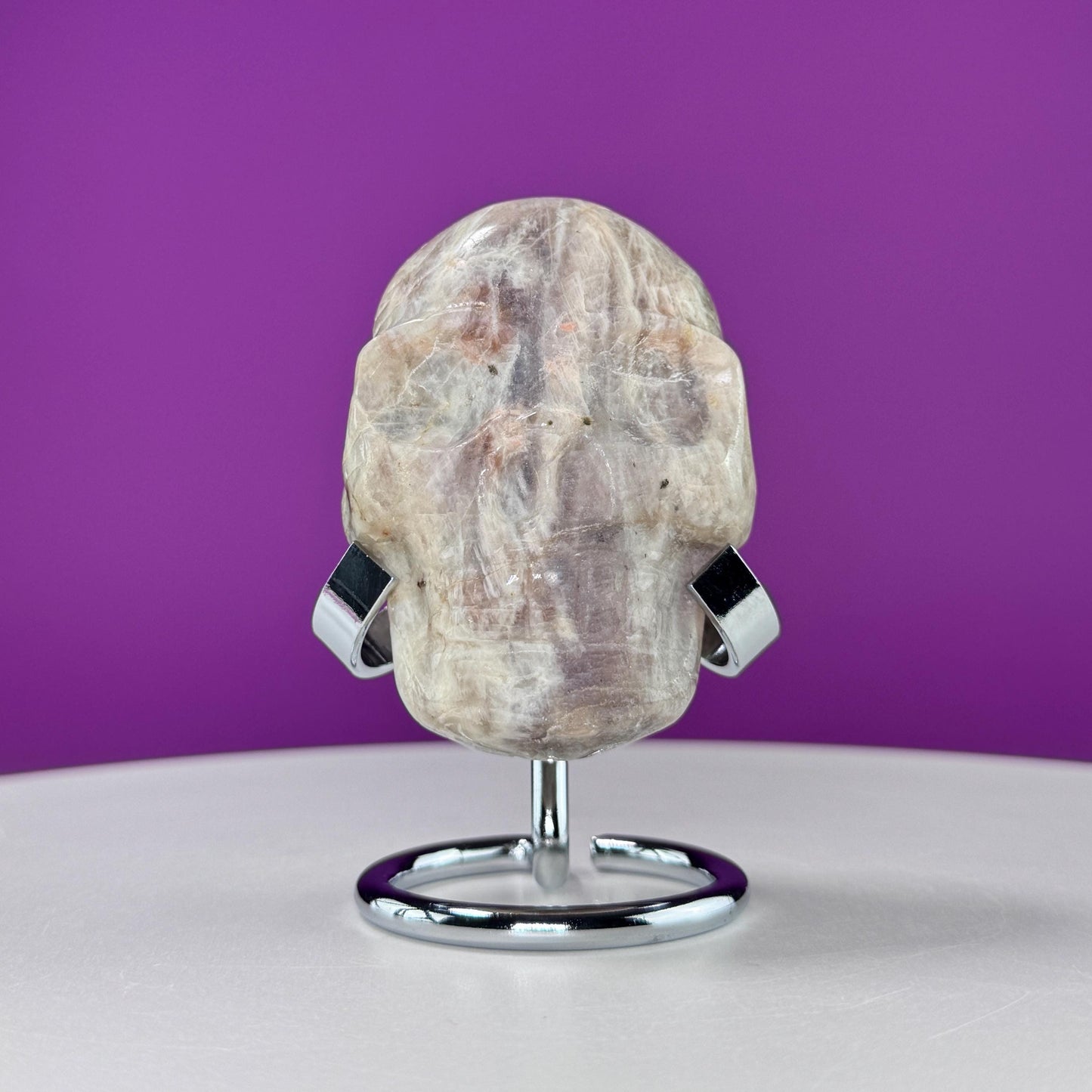 Moonstone Double Sided Skull Carving (Includes Silver Metal Stand)