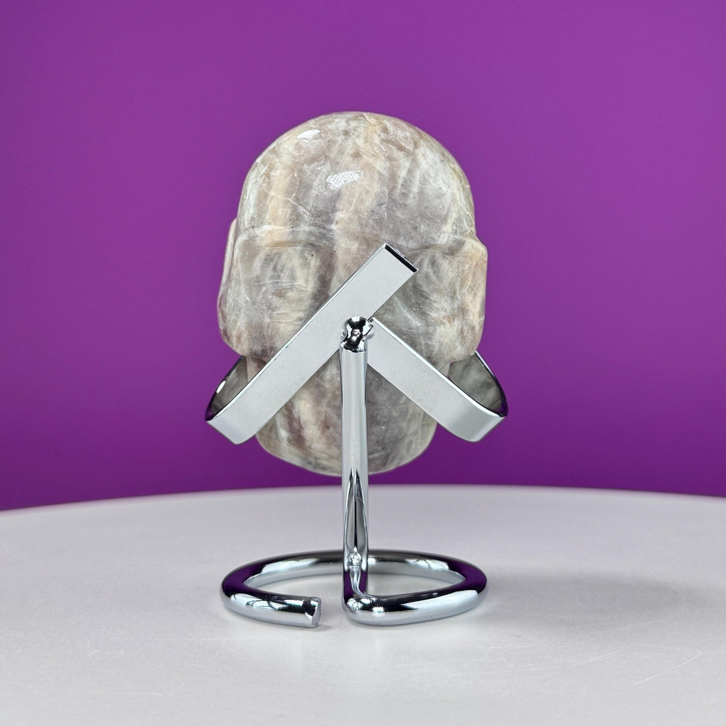 Moonstone Double Sided Skull Carving (Includes Silver Metal Stand)