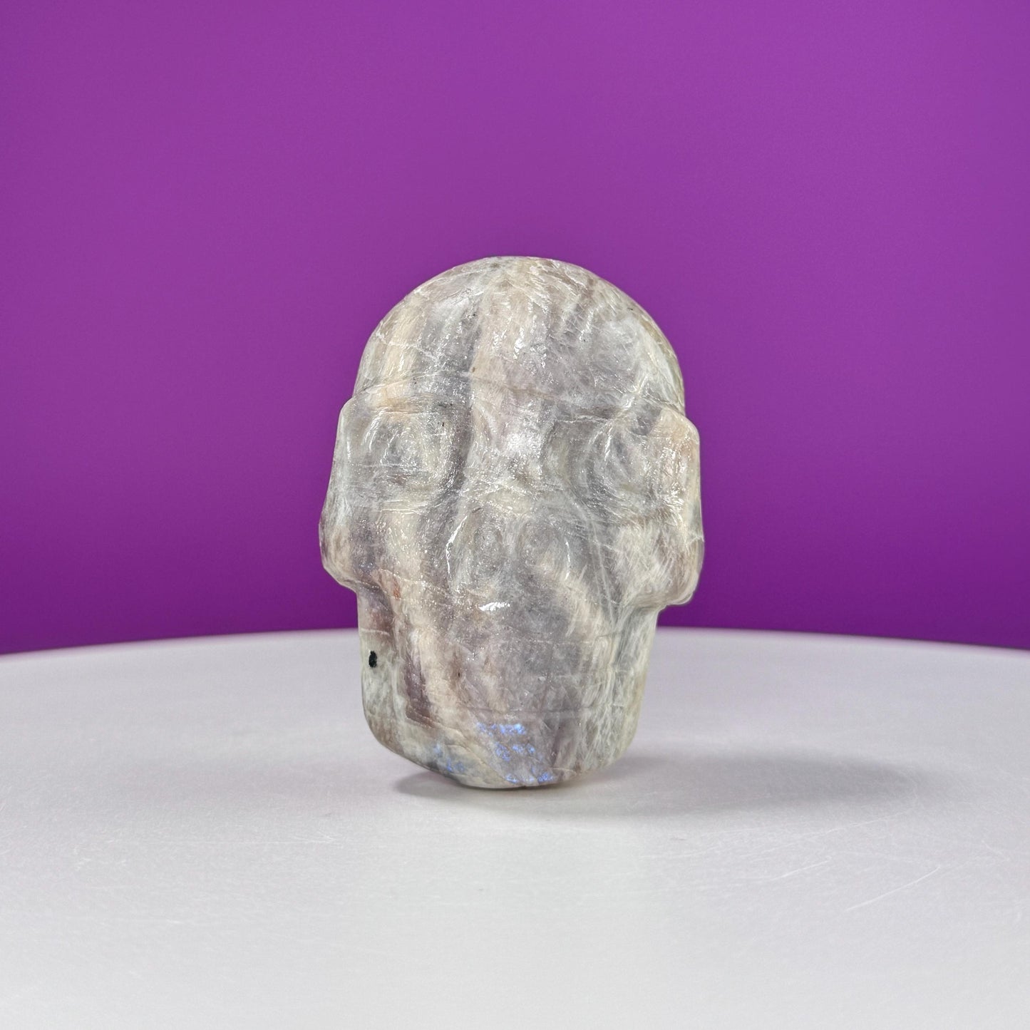 Moonstone Double Sided Skull Carving (Includes Silver Metal Stand)