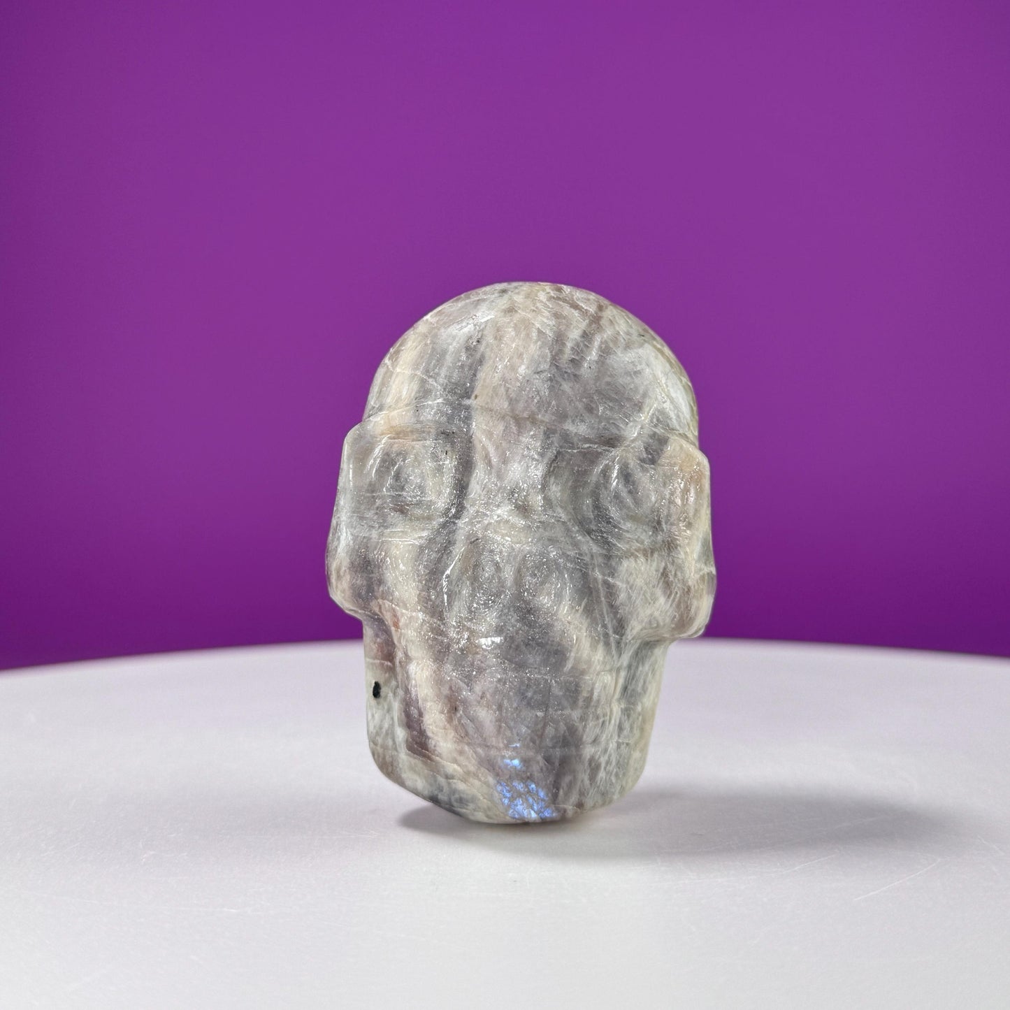 Moonstone Double Sided Skull Carving (Includes Silver Metal Stand)